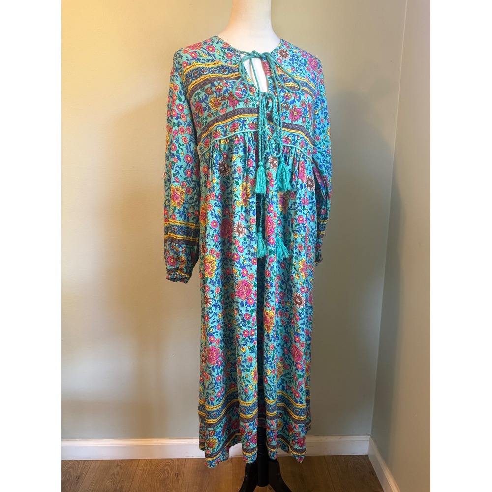 Teal Floral Boho Maxi Dress Long Sleeve Tassel L resort whimsigoth cottage retro